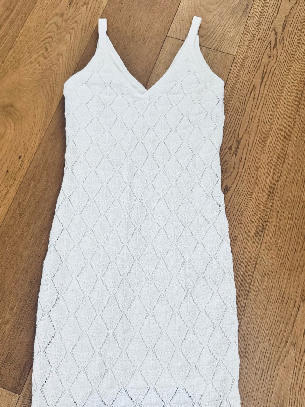 Boho Festival Resortwear White Crochet Bodycon Maxi Dress, 100% cotton, Sz S